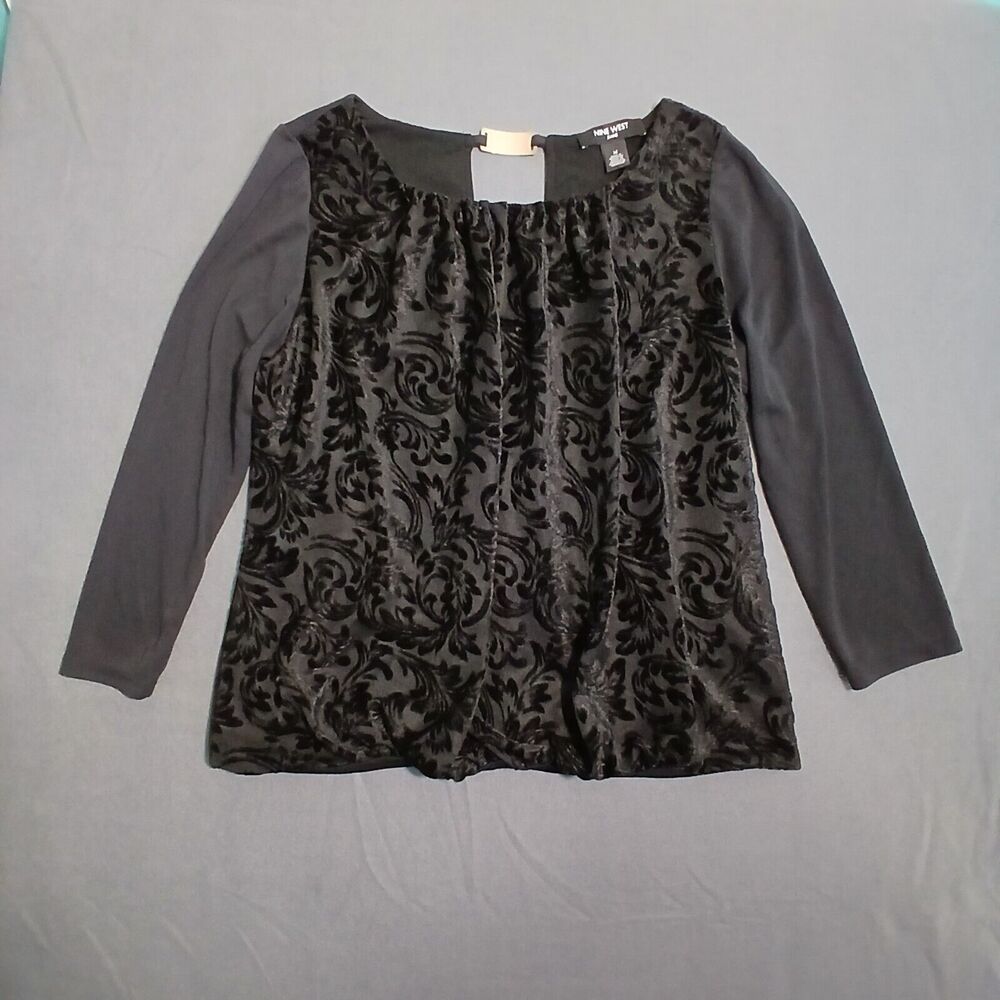Nine West Blouse Women M Black Velvet 3/4 Sleeve Keyhole Neck Mix Media